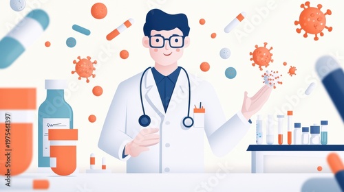 Surreal medical researcher conducting innovative experiments in a lab professional atmosphere for scientific discovery