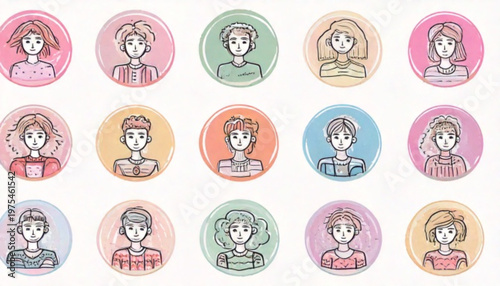 Collection of colorful cartoon portraits of diverse individuals in circular frames.