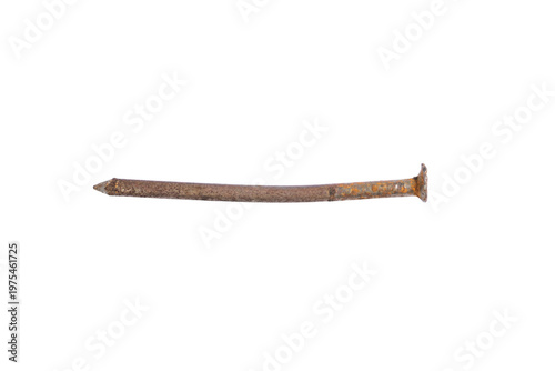 Old rusty bent iron nail with textured surface on png background for antique building themes.