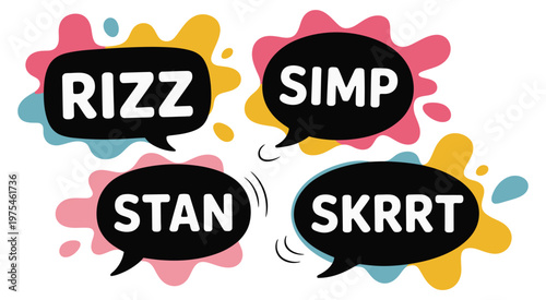 Gen Z slang speech bubbles in vibrant colors, modern graphic design, fun chat and messaging expressions, professional high quality vector illustration.