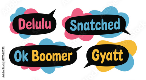 Gen Z slang speech bubbles in vibrant colors, modern graphic design, fun chat and messaging expressions, professional high quality vector illustration.