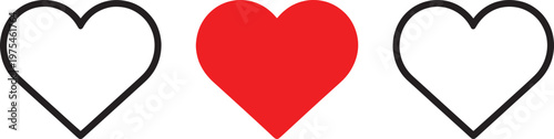 Three heart shapes in a row on a white background one solid red heart in the center flanked by two black outlined hearts with thick borders