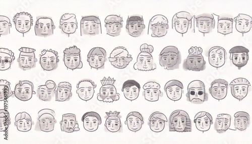 Collection of diverse faces, representing various emotions and expressions, in a grid format.