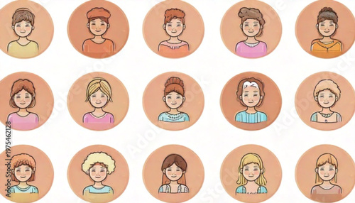 Collection of diverse female portraits in circular frames, artistic representation.