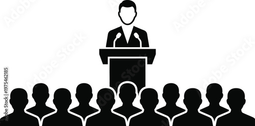 A professional speaker addressing an attentive audience in a sleek, modern black and white illustration, ideal for presentations, conferences, and public speaking scenes
