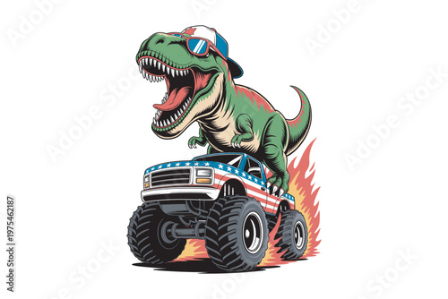 A vibrant illustration depicts a roaring t rex wearing a patriotic hat riding a monster truck adorned with an american flag on transparent background.