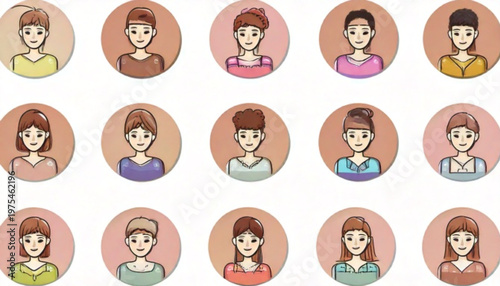 Collection of diverse female portraits in circular frames, pixelated style.