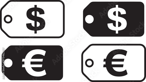 Two black and white price tags or labels displaying dollar and euro currency symbols on a white background