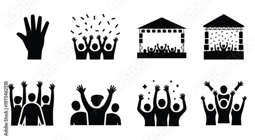 Silhouette icons of party celebrations and festive gatherings, collection of people dancing, cheering, and celebrating events, black vector silhouettes for holidays, nightlife, and entertainment theme