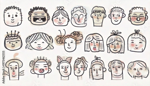 Collection of diverse illustrated faces representing various emotions and expressions.