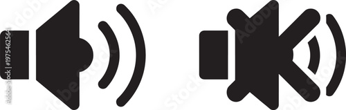 Two black speaker volume one with sound waves indicating low volume and the other with sound waves indicating volume on a white background