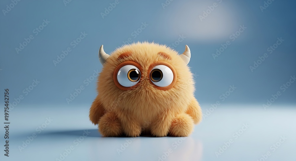 Fototapeta premium The primary subject is a small, round, orange-furred monster with large, expressive eyes and two small white horns.