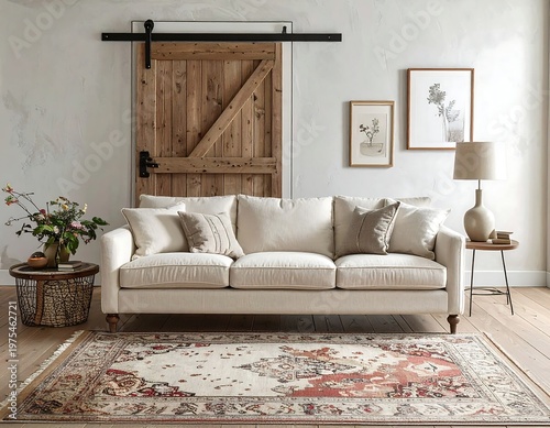 Cozy living room with sofa, rug, and rustic sliding barn door