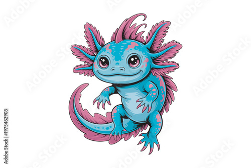 A charming cartoon axolotl with large expressive eyes and feathery gills is playfully depicted ideal for design projects on transparent background.