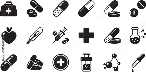 Medical icons set pills syringes first aid and healthcare symbols