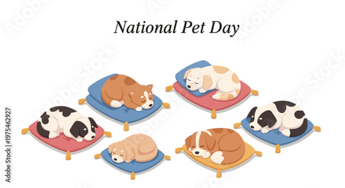 Isometric vector illustration showing several cute dogs sleeping peacefully on small colorful pillows, celebrating National Pet Day with a focus on pet care awareness and the pet lover