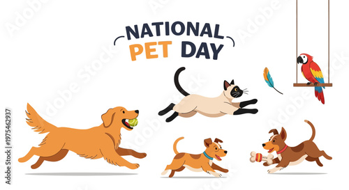 Celebrating National Pet Day, a playful vector illustration showcases various pets like a golden retriever, Siamese cat, and dogs joyfully running and playing against a clean white