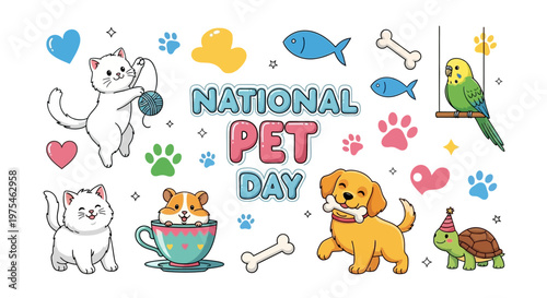 Colorful illustration of various pets and pet-related items celebrating National Pet Day with a lively and playful mood.