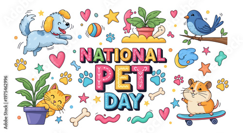 Colorful illustration of various pets and pet care elements celebrating National Pet Day with a playful and lively design.