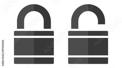 Two Dark Gray Lock with Open and Closed States on White Background