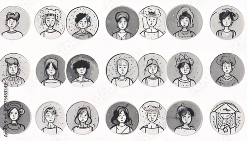 Collection of diverse portraits in circular frames, monochrome style.