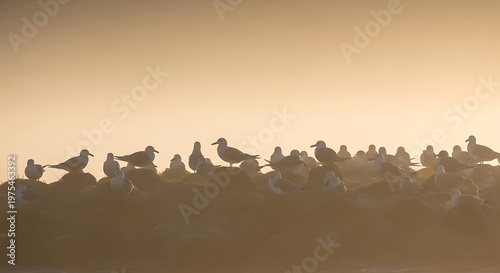A large flock of seagulls perched on rocks during a golden sunset.