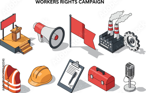 Illustrations of a Workers' Rights Campaign showcasing factories, safety gear, and protest symbols