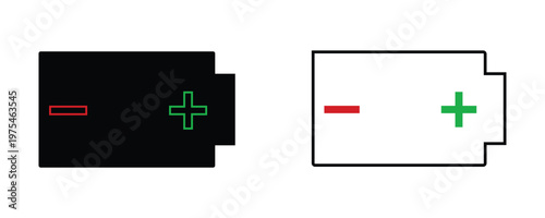 Vector Set of Black and White Battery Icons Featuring Red Minus and Green Plus Polarity Symbols for Energy Power and Electrical Connection.