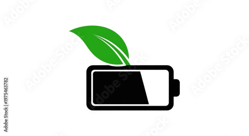 A vector graphic illustration of a battery with a green leaf growing out of it, symbolizing eco-friendly energy and sustainability.