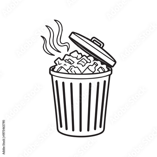 Bild auf Leinwand Hand Drawn Doodle of an Overflowing Trash Can with Smelly Garbage and Open Lid