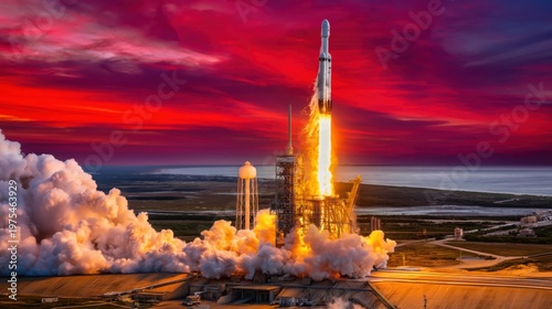 Space rocket lift-off at sunset, engulfed in bright orange flames and dense white smoke from a detailed launchpad in coastal marshland with infrastructure in sharp focus.