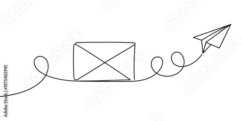 Continuous one line drawing of envelope with paper airplane, sending letter and email message concept, romantic correspondence illustration, vector line art, high quality professional design.