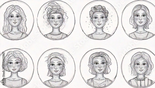 Collection of eight artistic portraits of women with various hairstyles in circular frames.