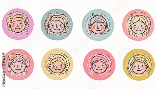 Collection of eight cartoon faces on colorful circular backgrounds, representing diverse individuals.