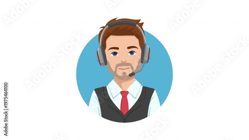 Flat cartoon animation showing a male support agent talking using a headset. For business, assistance, customer service.
