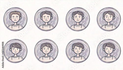 Collection of eight different facial expressions of a person in a circle.