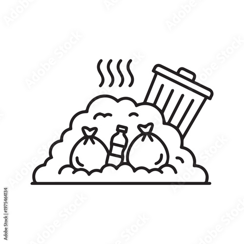 Trash and Garbage Pile Icon with Smelly Odor and Waste Bags in Line Art Style
