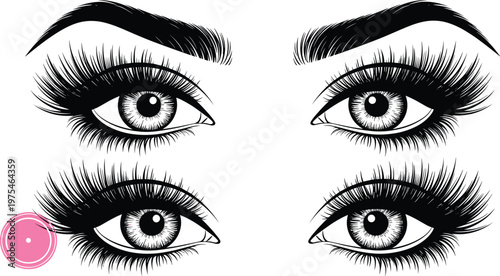 Realistic female eyes with long eyelashes and eyebrows set detailed beauty makeup illustration black and white vector collection isolated on white background