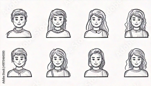 Collection of eight grayscale portraits of diverse individuals, showcasing various hairstyles and expressions.