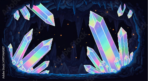 Magical 8-bit Pixel Art Crystal Cave Dungeon Background for Retro RPG