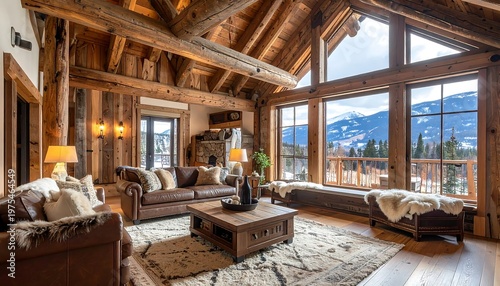 Cozy, rustic interior with mountain views, natural light, and wood elements