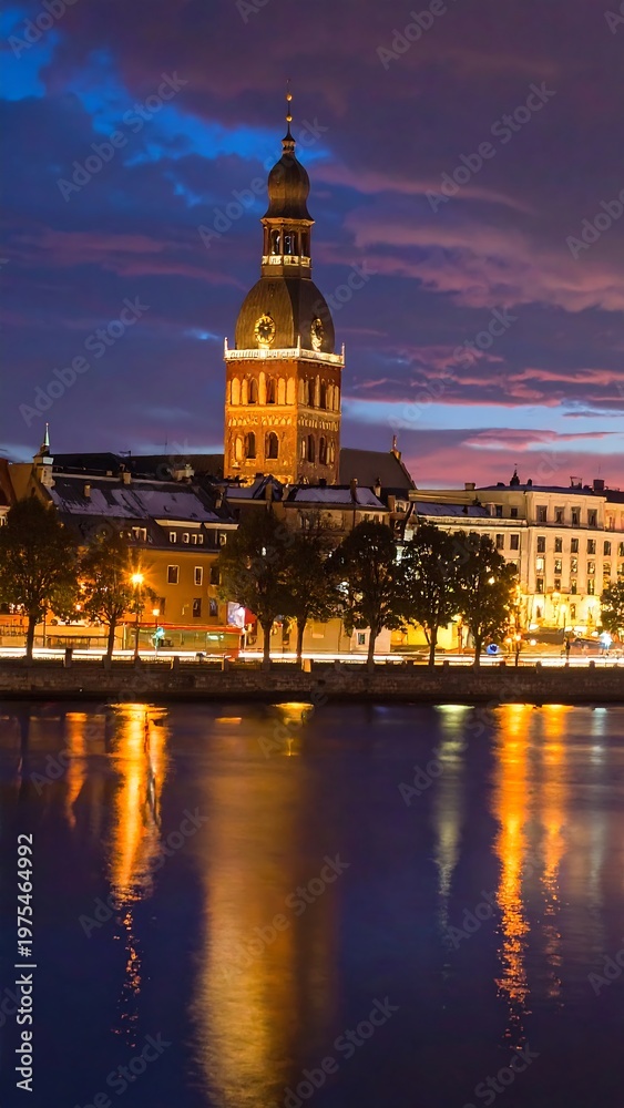 Fototapeta premium A serene cityscape at dusk with a large building and calm water