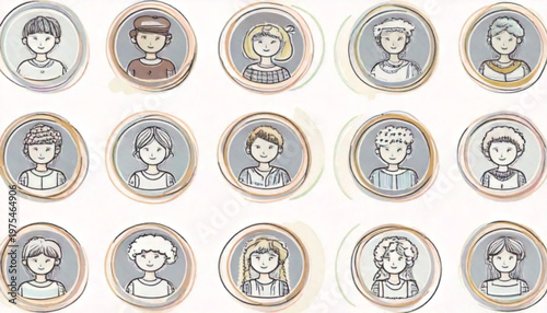 Collection of fifteen circular portraits featuring diverse individuals with varying hairstyles and expressions.