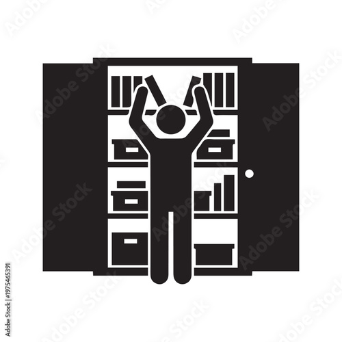 Stick Figure Person Reaching Into Open Storage Cabinet or Closet Icon
