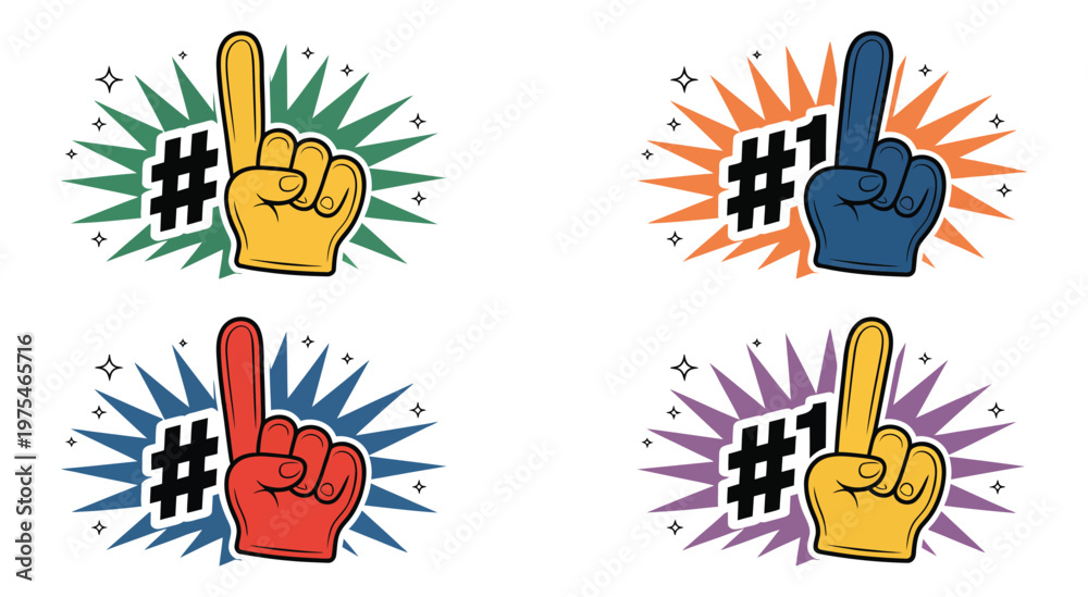 Fototapeta premium Sports fan set with number one foam finger and pompom in various poses and styles, celebration and team support concept