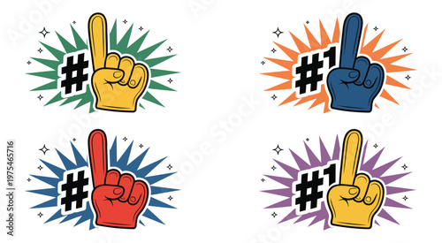 Sports fan set with number one foam finger and pompom in various poses and styles, celebration and team support concept