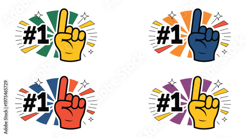Sports fan set, with number one foam finger and pompom in various positions, cheering and victory theme