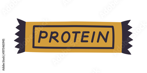 Protein bar doodle icon in yellow wrapper, hand drawn style vector illustration. Sports nutrition and healthy snack, fitness food and workout diet concept, isolated colored clipart on white background