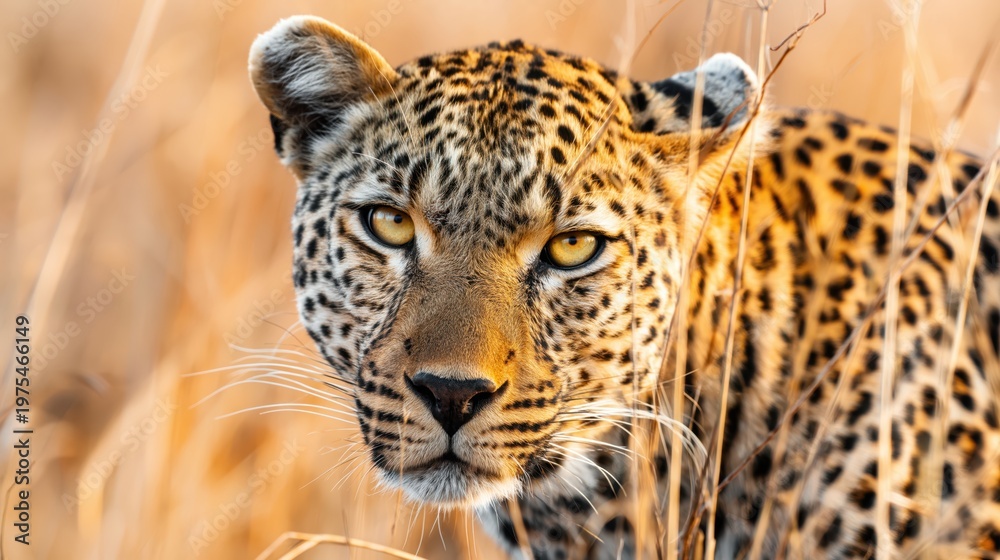 Fototapeta premium Extreme close-up of a leopard's face and intense golden eyes, stalking through dry African savanna tall grass with sharp focus on the wild cat and detailed landscape.
