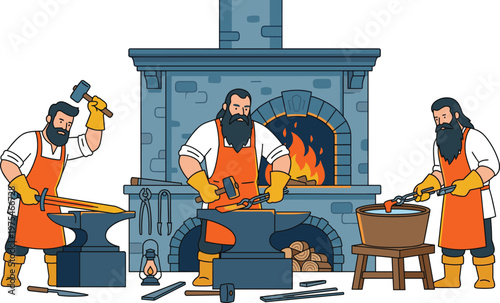 Blacksmith workshop illustration set, craftsmen forging metal with hammer and anvil near furnace fire, traditional industry concept, manual labor collection